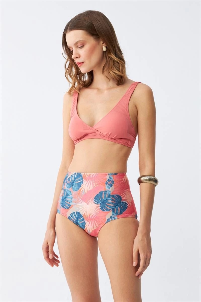 Melonika Kadın Somon Pedli Üst ve Tropik Desenli Yüksek Bel Bikini Takımı Çmş