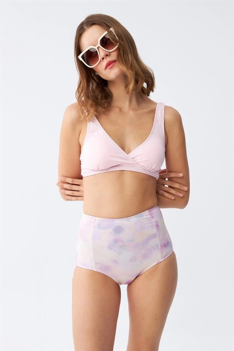Melonika Kadın Pembe Pedli Üst ve Pastel Desenli Yüksek Bel Bikini Takımı Çmş