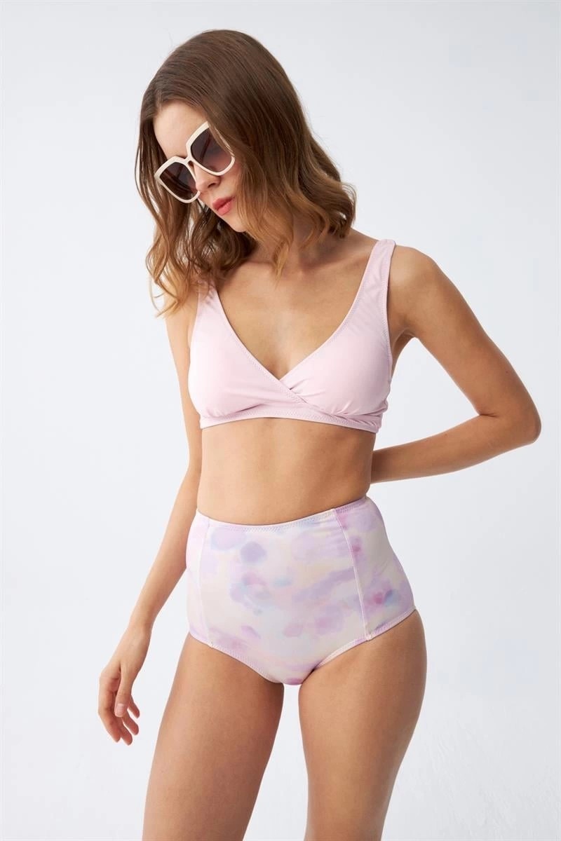 Melonika Kadın Pembe Pedli Üst ve Pastel Desenli Yüksek Bel Bikini Takımı Çmş görsel 4