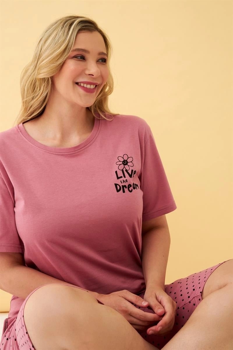 Melonika Kadın Somon “live The Dream” Yazılı Büyük Beden Kapri Pijama Takımı Çmş görsel 2
