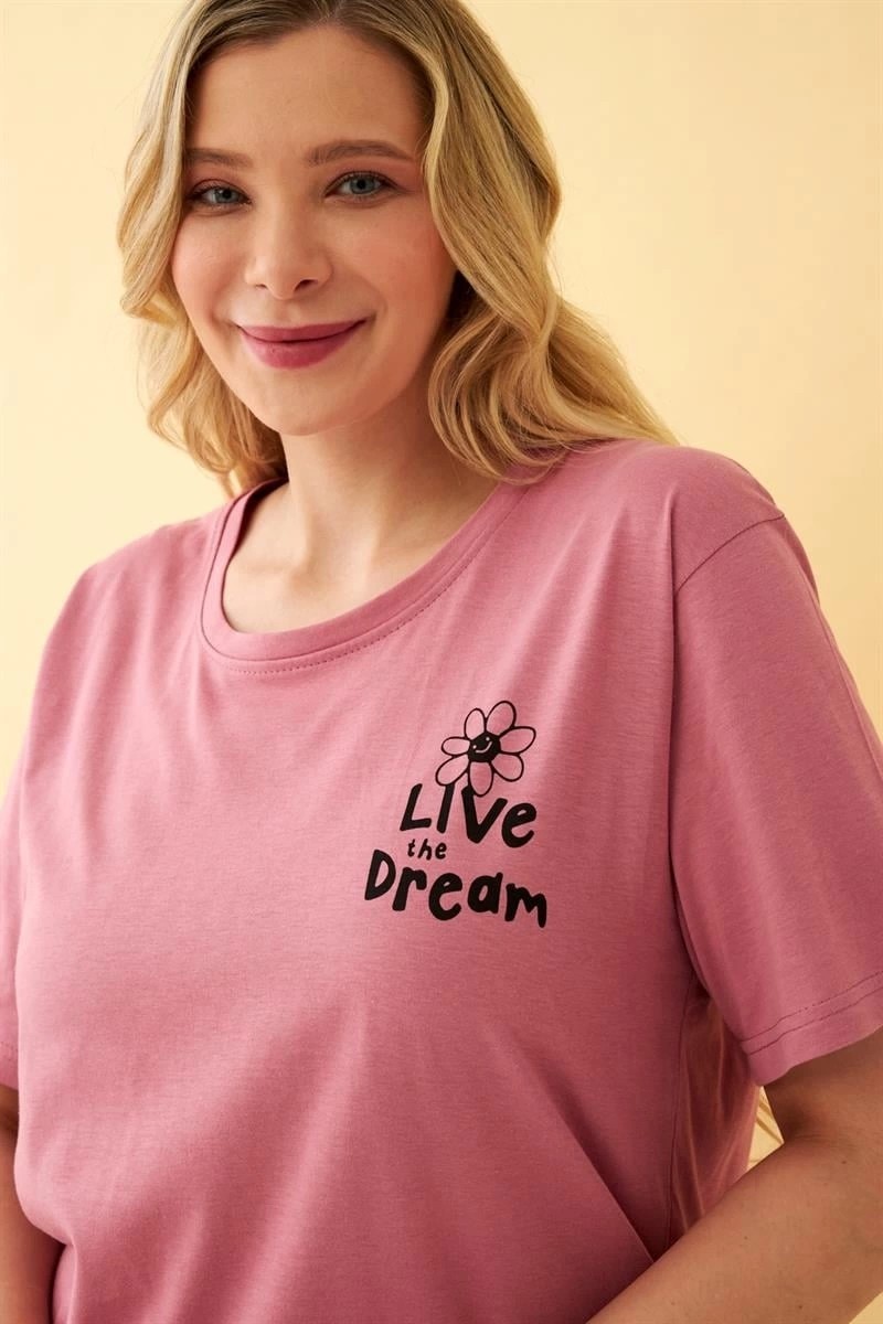 Melonika Kadın Somon “live The Dream” Yazılı Büyük Beden Kapri Pijama Takımı Çmş görsel 3