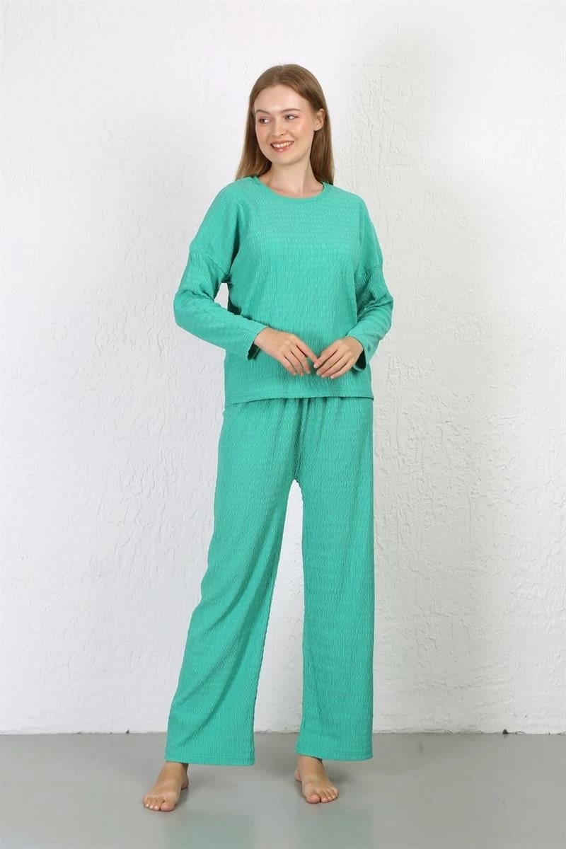 Melonika Kadın Bürümcük Kumaş Pijama Takım Yeşil Çmş