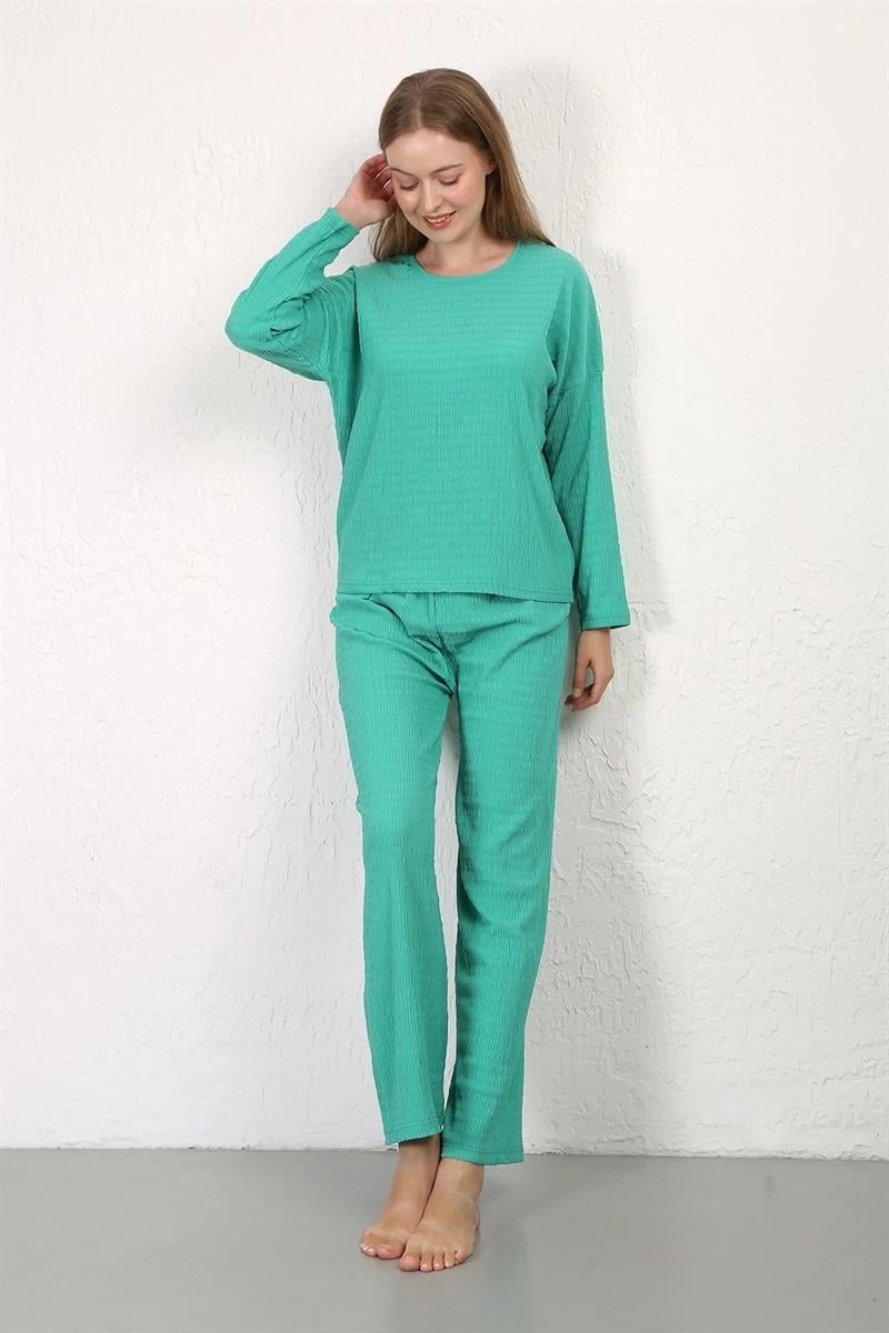 Melonika Kadın Bürümcük Kumaş Pijama Takım Yeşil Çmş görsel 2