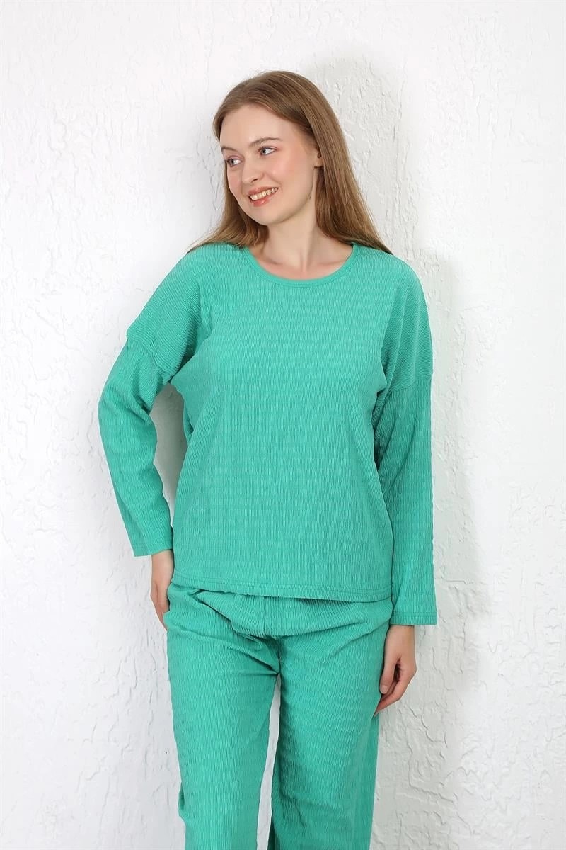 Melonika Kadın Bürümcük Kumaş Pijama Takım Yeşil Çmş görsel 3