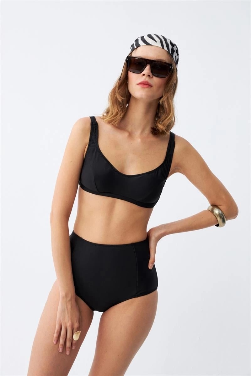 Melonika Kadın Siyah Pedli Kare Yaka Yüksek Bel Bikini Takımı Çmş görsel 3