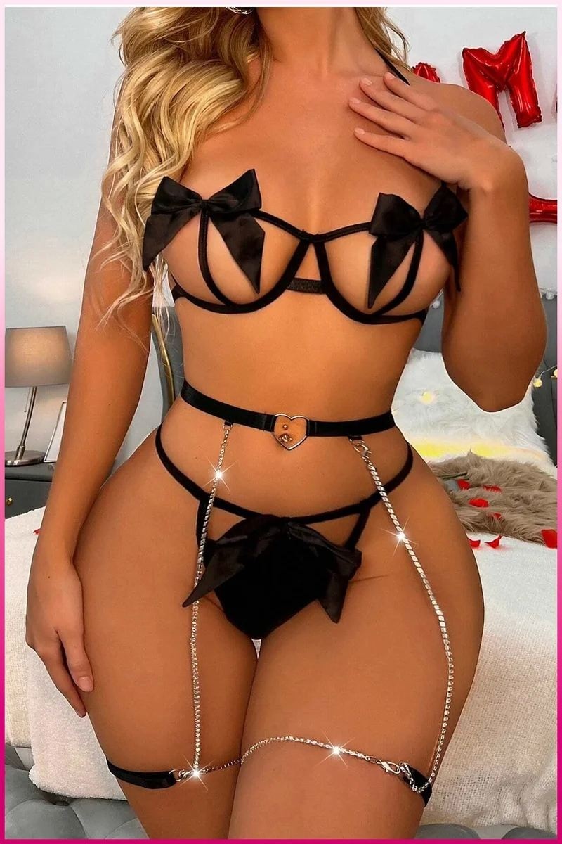 Esranın Dünyası Siyah Göğüs Fiyonklu Balenli Seksi Jartiyer Takım görsel 2