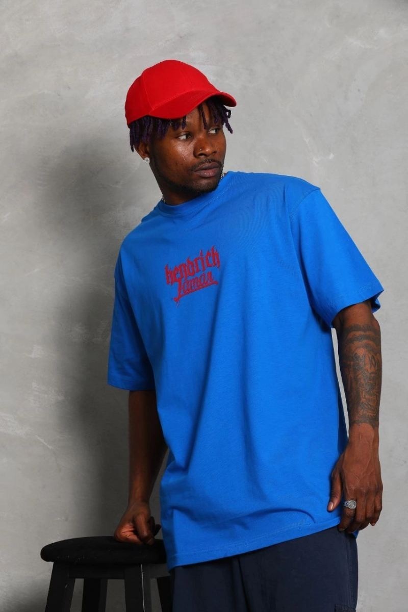 Fantastik Store Erkek Baskılı Tişört Kısa Kol Bisiklet Yaka Oversize T-Shirt - Mavi
