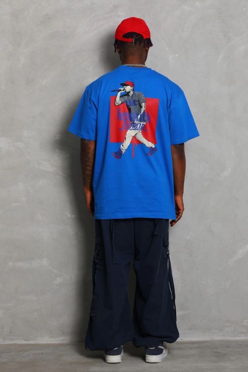 Fantastik Store Erkek Baskılı Tişört Kısa Kol Bisiklet Yaka Oversize T-Shirt - Mavi görsel 5
