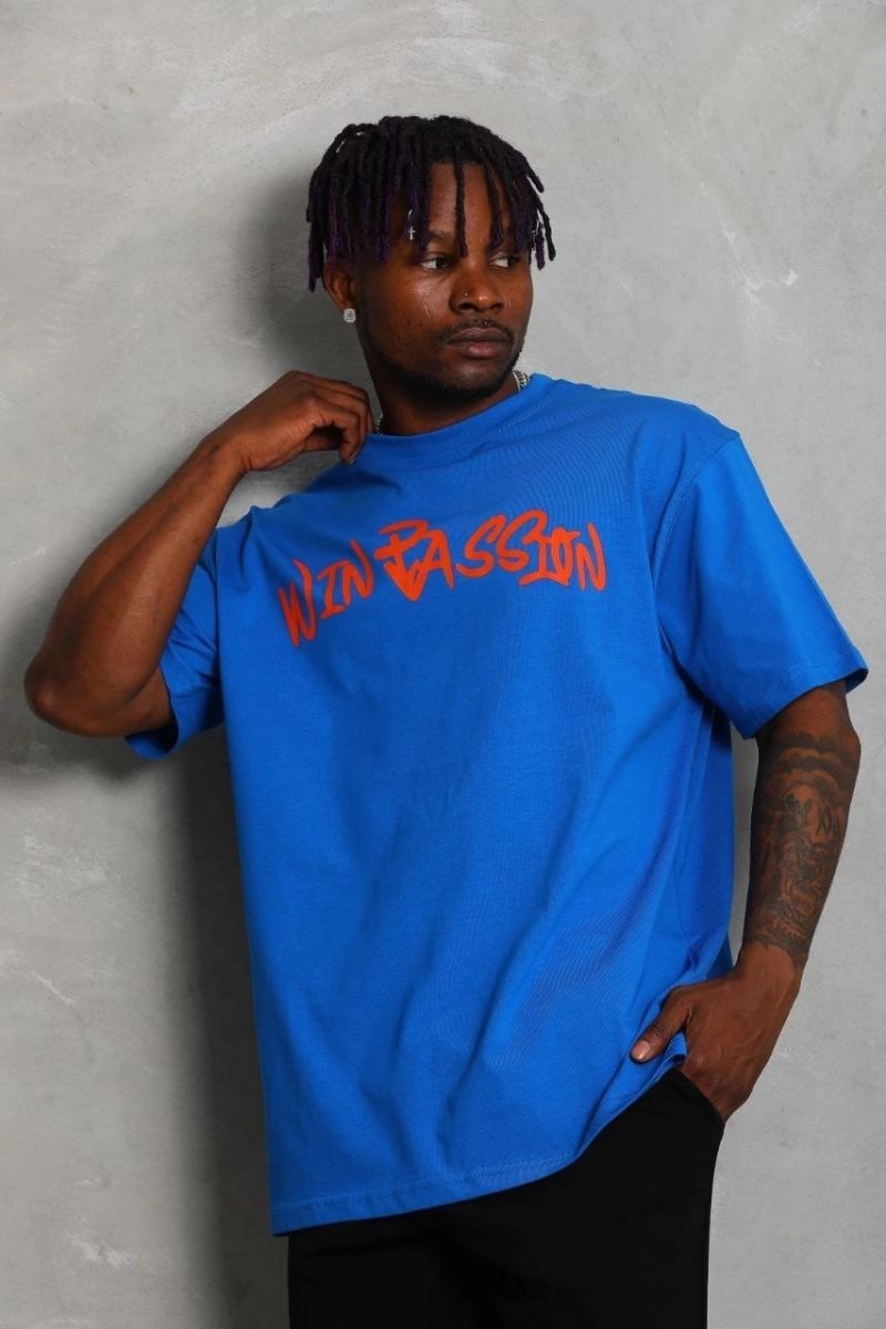 Fantastik Store Erkek Baskılı Tişört Kısa Kol Bisiklet Yaka Oversize T-Shirt - Mavi