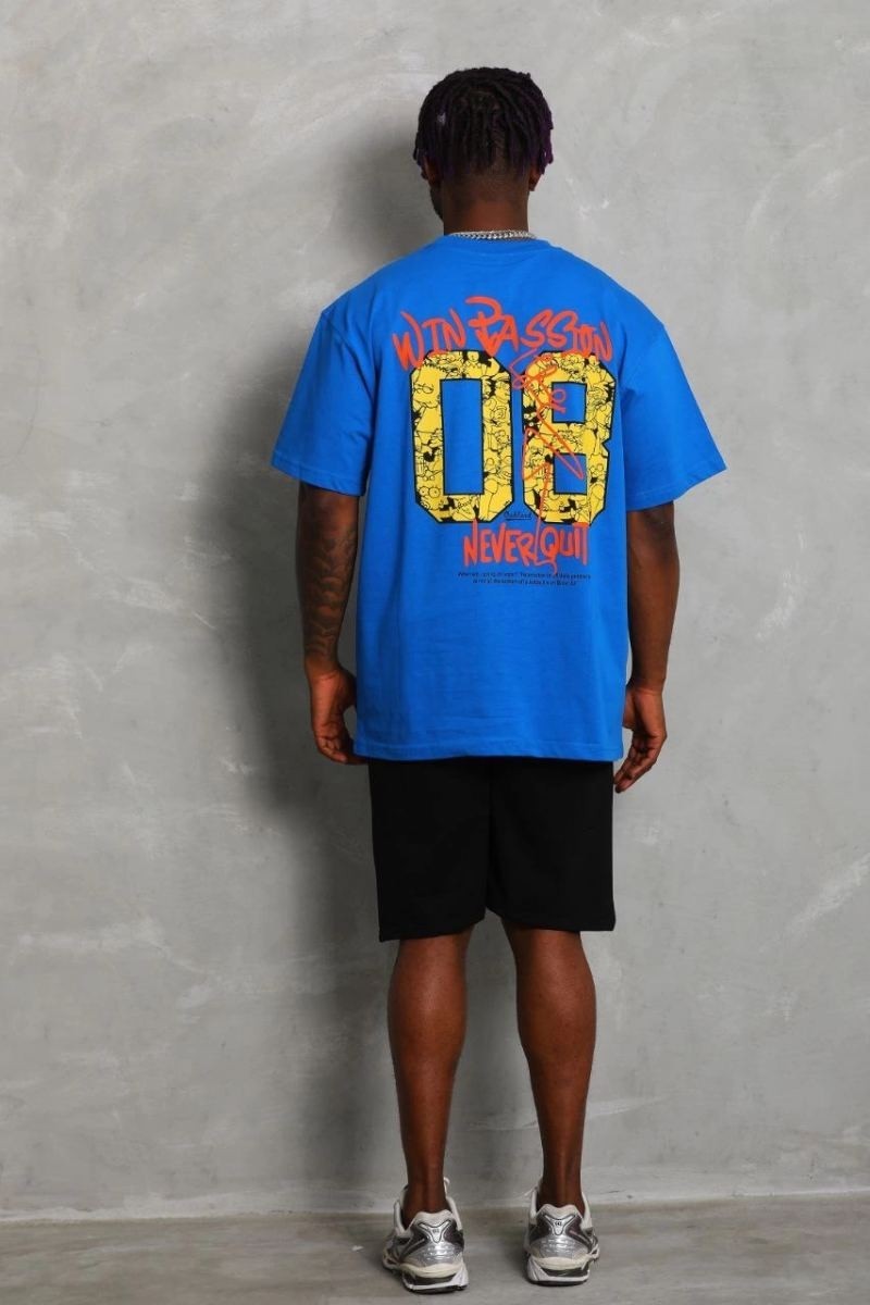 Fantastik Store Erkek Baskılı Tişört Kısa Kol Bisiklet Yaka Oversize T-Shirt - Mavi görsel 2