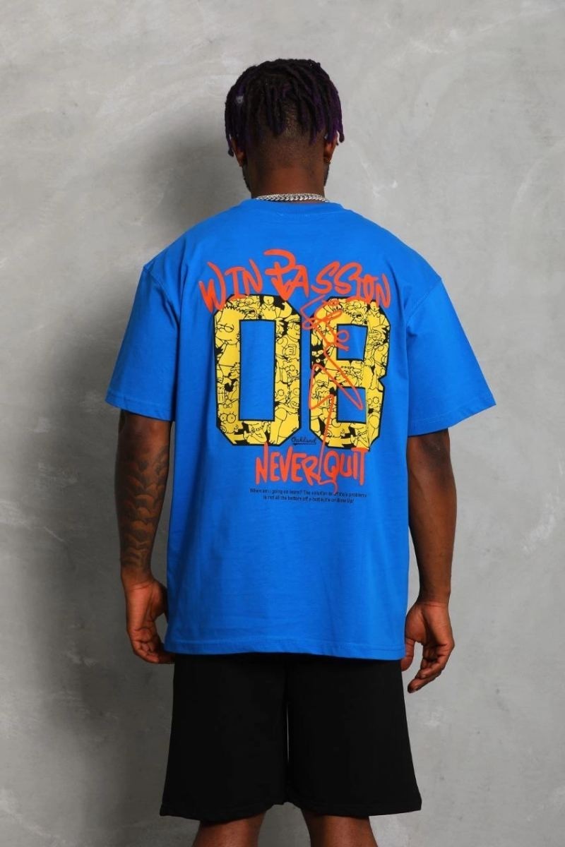 Fantastik Store Erkek Baskılı Tişört Kısa Kol Bisiklet Yaka Oversize T-Shirt - Mavi görsel 3