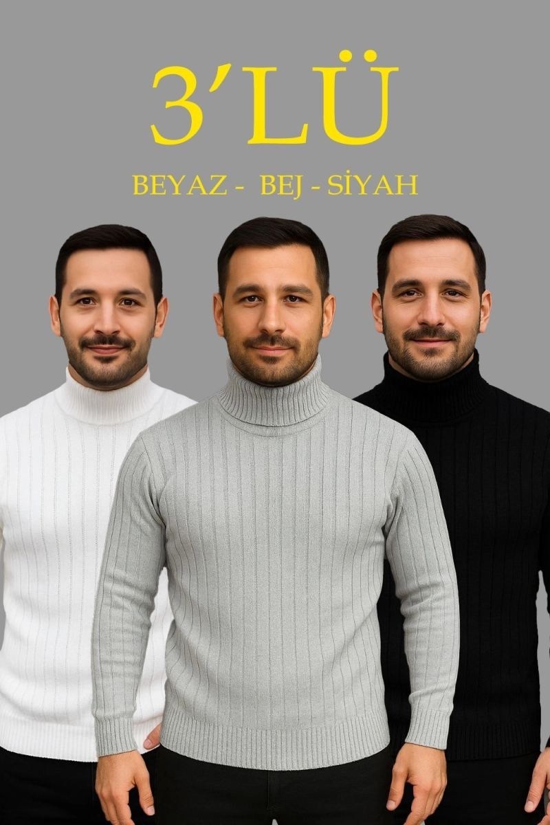 Fantastik Store Erkek Fitilli Kazak Tam Boğazlı Balıkçı Yaka Triko 3'lü Set Beyaz-Gri-Siyah