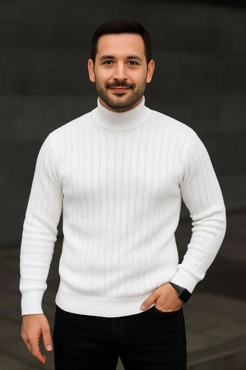 Fantastik Store Erkek Fitilli Kazak Tam Boğazlı Balıkçı Yaka Triko 3'lü Set Beyaz-Gri-Siyah görsel 3