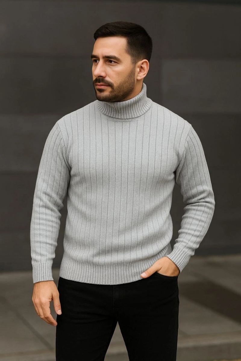 Fantastik Store Erkek Fitilli Kazak Tam Boğazlı Balıkçı Yaka Triko 3'lü Set Beyaz-Gri-Siyah görsel 4