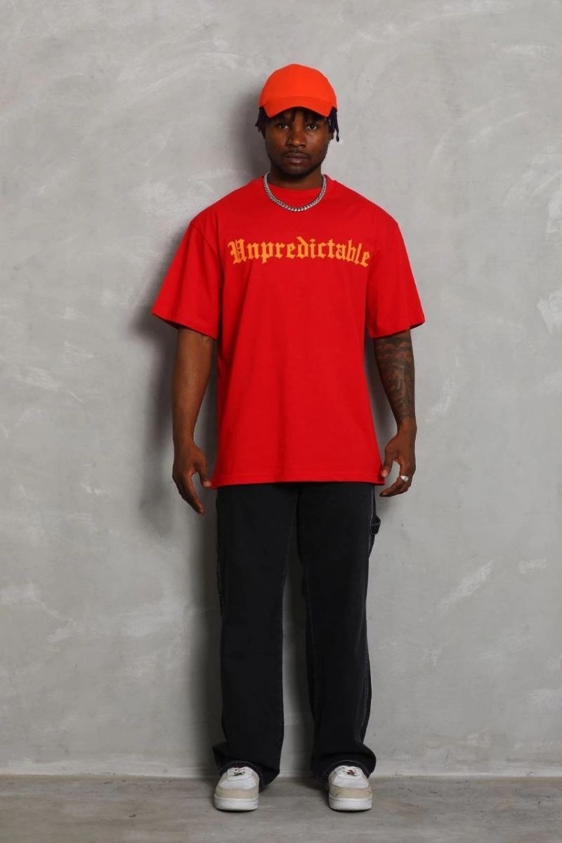Fantastik Store Erkek Baskılı Tişört Kısa Kol Bisiklet Yaka Oversize T-Shirt - Kırmızı