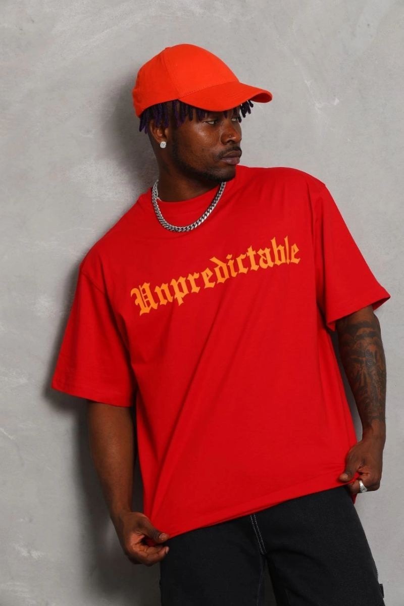Fantastik Store Erkek Baskılı Tişört Kısa Kol Bisiklet Yaka Oversize T-Shirt - Kırmızı görsel 3