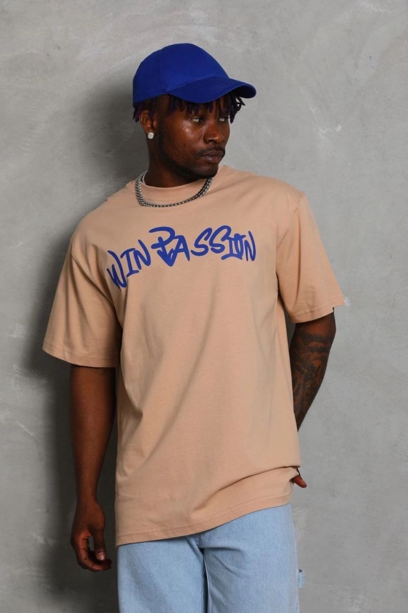 Fantastik Store Erkek Baskılı Tişört Kısa Kol Bisiklet Yaka Oversize T-Shirt - Bej