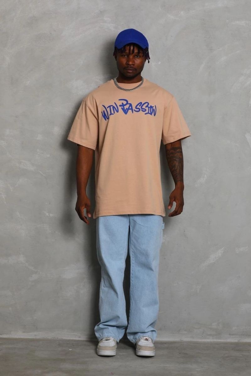 Fantastik Store Erkek Baskılı Tişört Kısa Kol Bisiklet Yaka Oversize T-Shirt - Bej görsel 2
