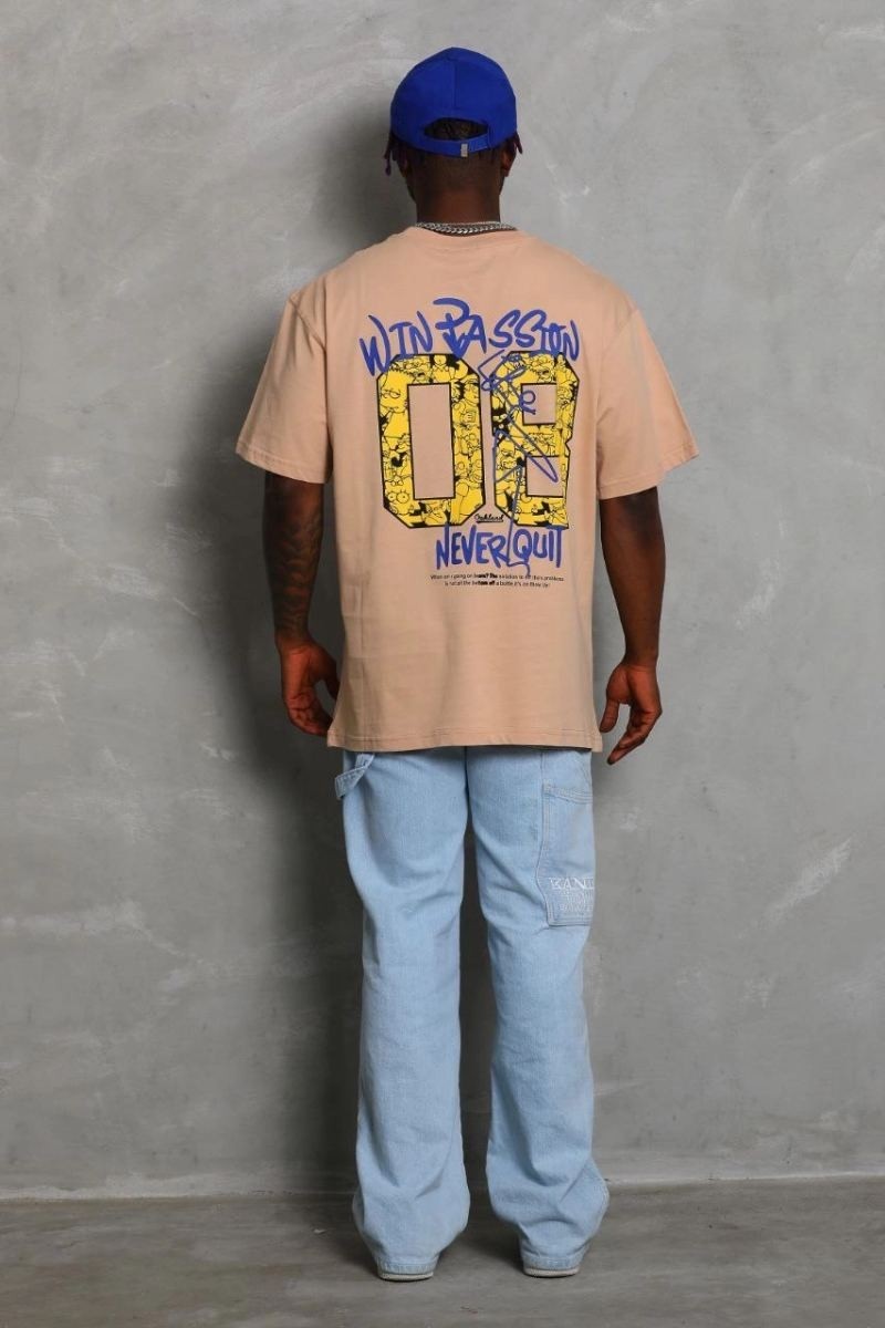 Fantastik Store Erkek Baskılı Tişört Kısa Kol Bisiklet Yaka Oversize T-Shirt - Bej görsel 3