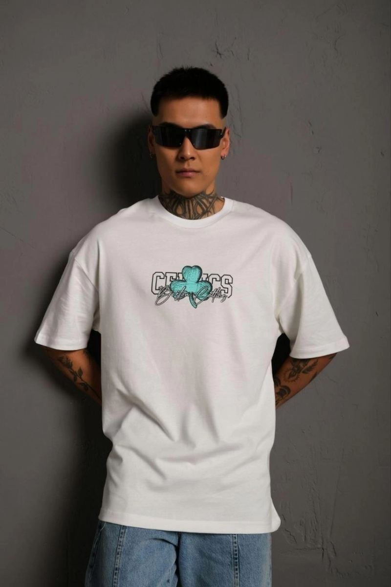 Fantastik Store Erkek Kısa Kol Yazlık Tişört Bisiklet Yaka Baskılı Oversize T-Shirt - Beyaz