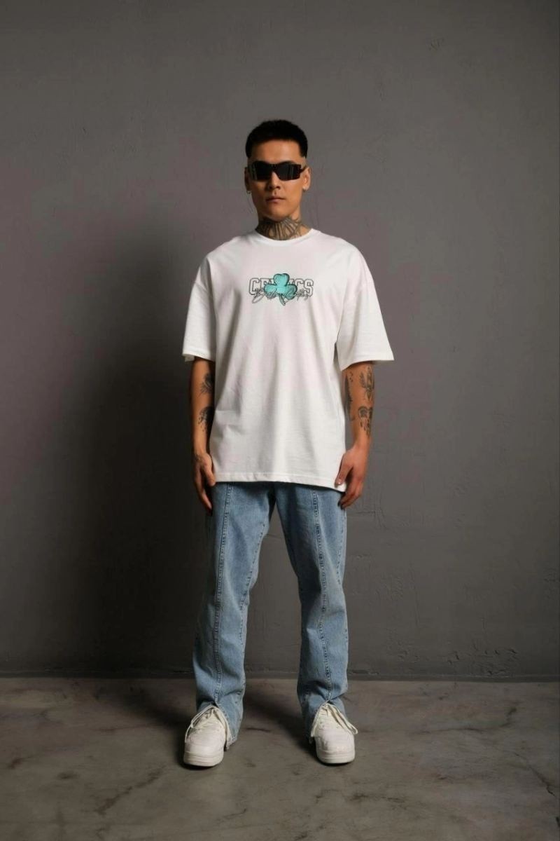 Fantastik Store Erkek Kısa Kol Yazlık Tişört Bisiklet Yaka Baskılı Oversize T-Shirt - Beyaz görsel 2