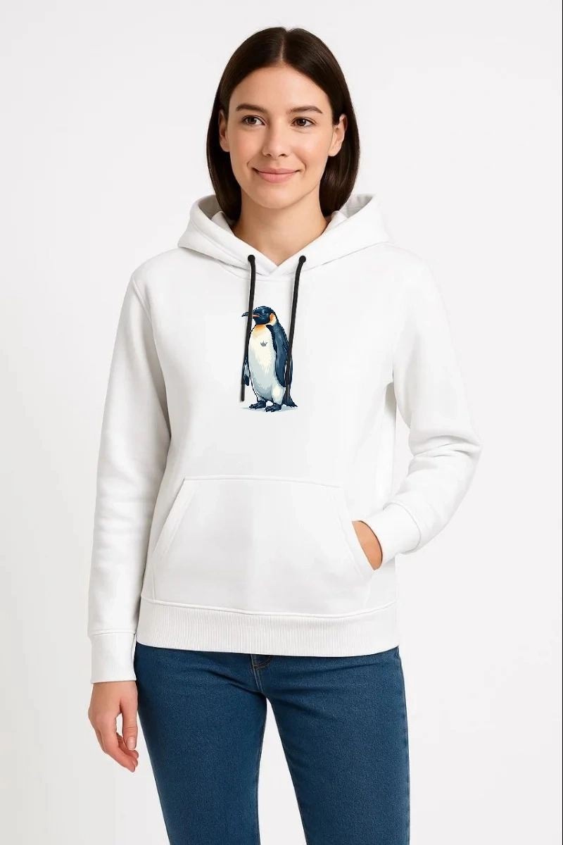 Fantastik Store Kadın 3 Iplik Pamuklu Kapüşonlu Hoodie Sweatshirt Survivor Penguen Baskılı - Beyaz