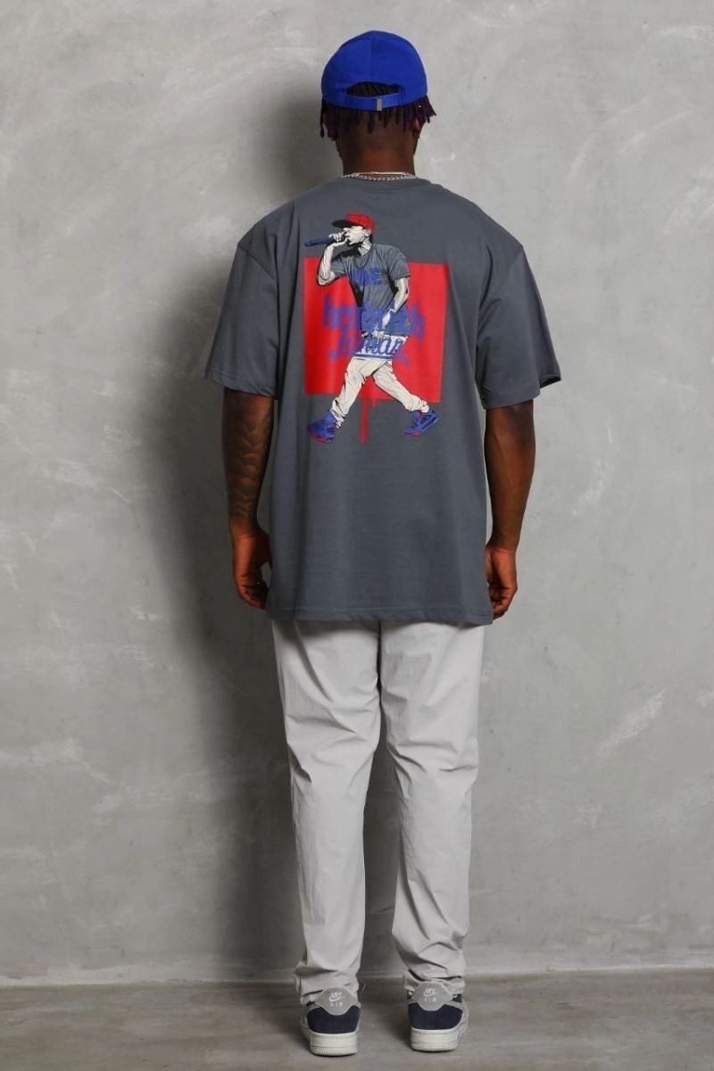 Fantastik Store Erkek Baskılı Tişört Kısa Kol Bisiklet Yaka Oversize T-Shirt - Füme görsel 2