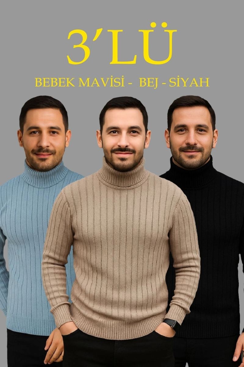 Fantastik Store Erkek Fitilli Kazak Tam Boğazlı Balıkçı Yaka Triko 3'lü Set Bebek Mavisi-Bej-Siyah