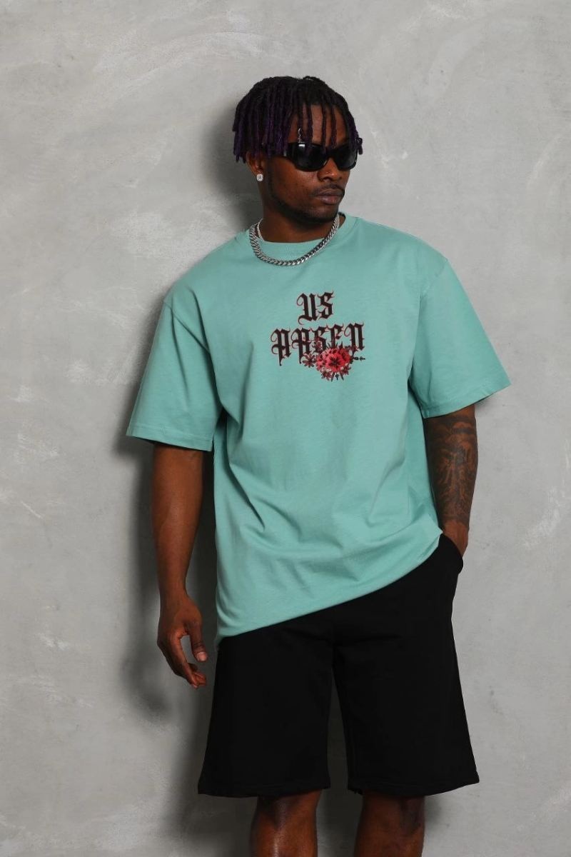 Fantastik Store Erkek Baskılı Tişört Kısa Kol Bisiklet Yaka Oversize T-Shirt - Mint Yeşili