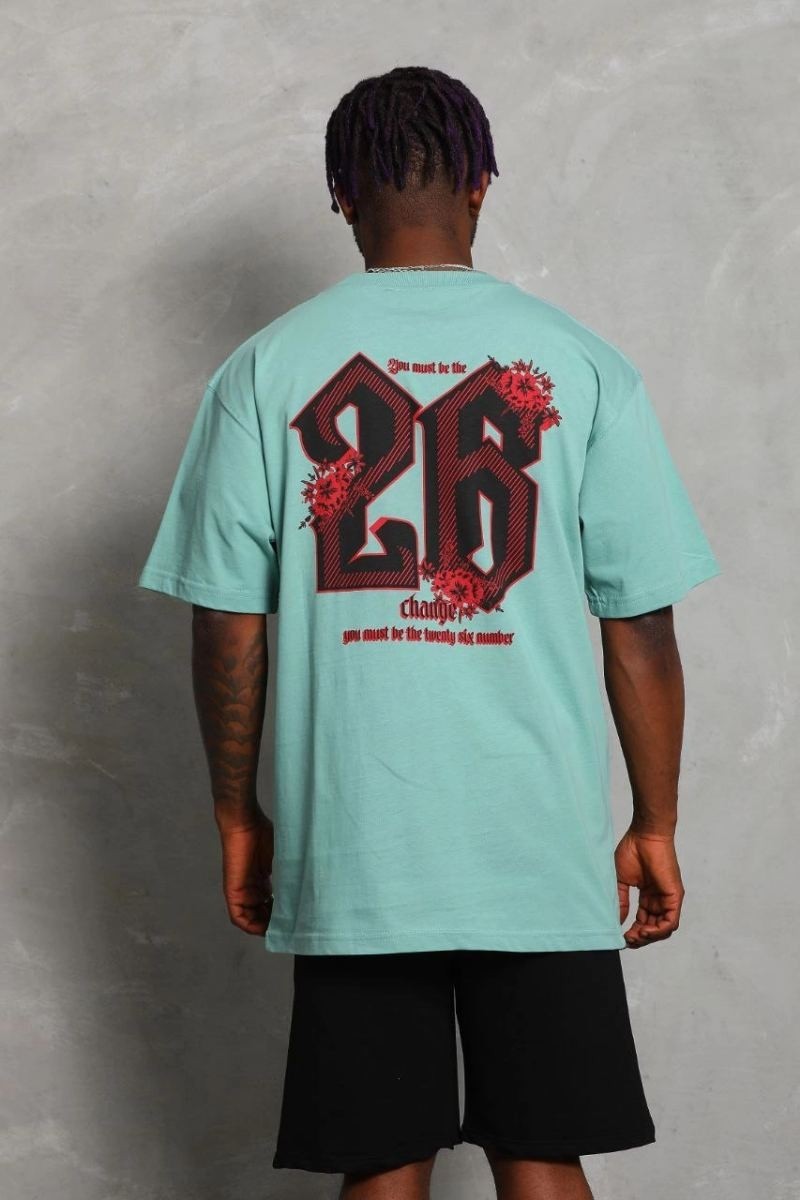 Fantastik Store Erkek Baskılı Tişört Kısa Kol Bisiklet Yaka Oversize T-Shirt - Mint Yeşili görsel 3