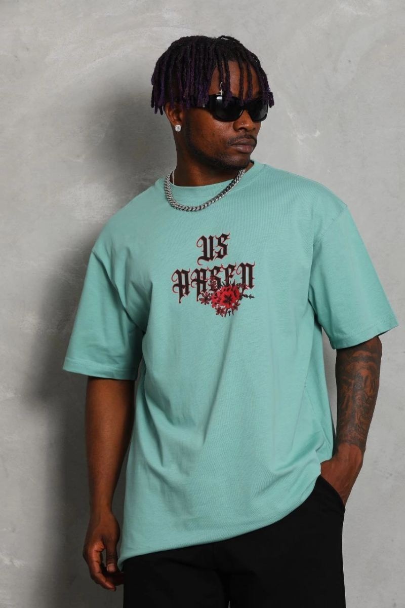 Fantastik Store Erkek Baskılı Tişört Kısa Kol Bisiklet Yaka Oversize T-Shirt - Mint Yeşili görsel 4