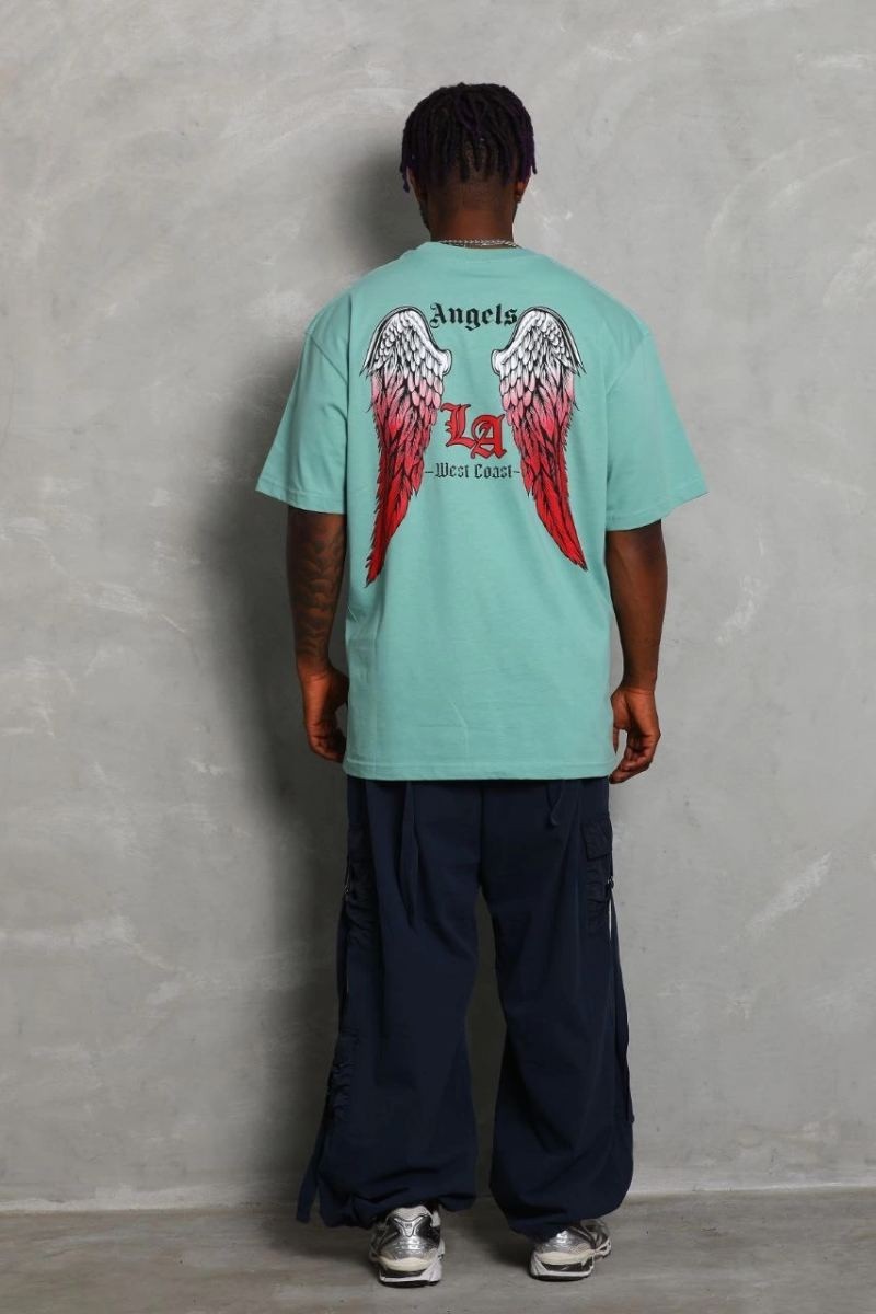 Fantastik Store Erkek Kısa Kol Tişört Bisiklet Yaka Kanat Baskılı Oversize T-Shirt - Mint Yeşili