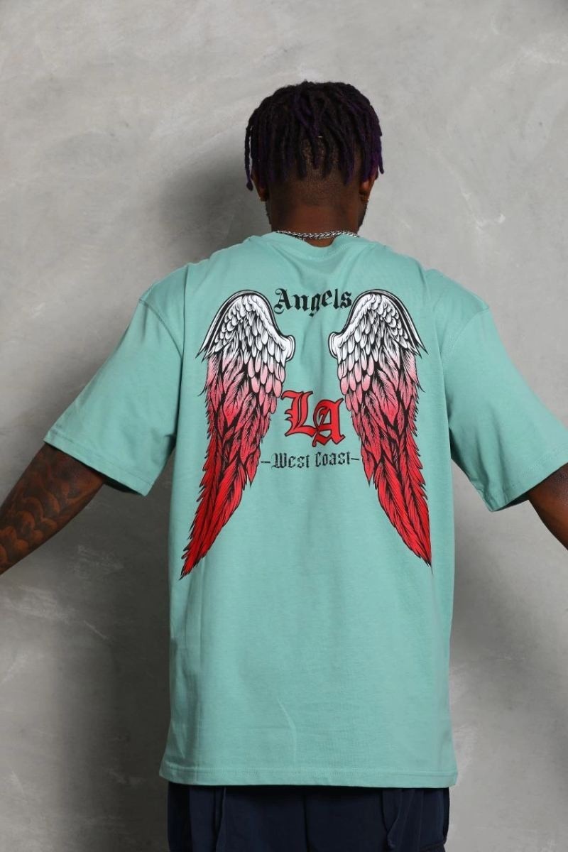 Fantastik Store Erkek Kısa Kol Tişört Bisiklet Yaka Kanat Baskılı Oversize T-Shirt - Mint Yeşili görsel 5