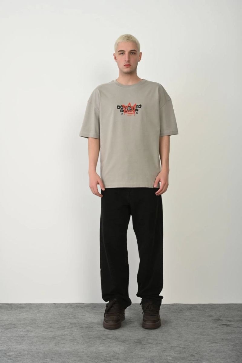 Fantastik Store Erkek Baskılı T-Shirt Kısa Kol Bisiklet Yaka Rahat Kalıp Tişört - Boyalı Gri görsel 2