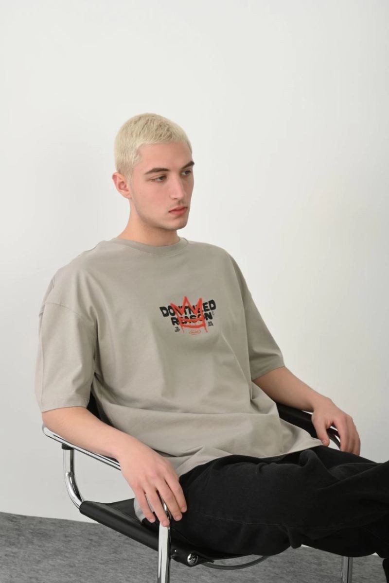 Fantastik Store Erkek Baskılı T-Shirt Kısa Kol Bisiklet Yaka Rahat Kalıp Tişört - Boyalı Gri görsel 3