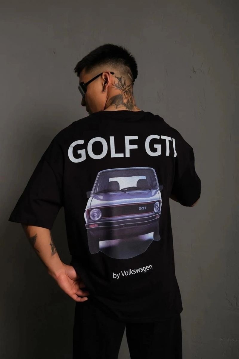 Fantastik Store Erkek Oversize Tişört Golf Gtı Retro Araba Baskılı T-Shirt - Siyah