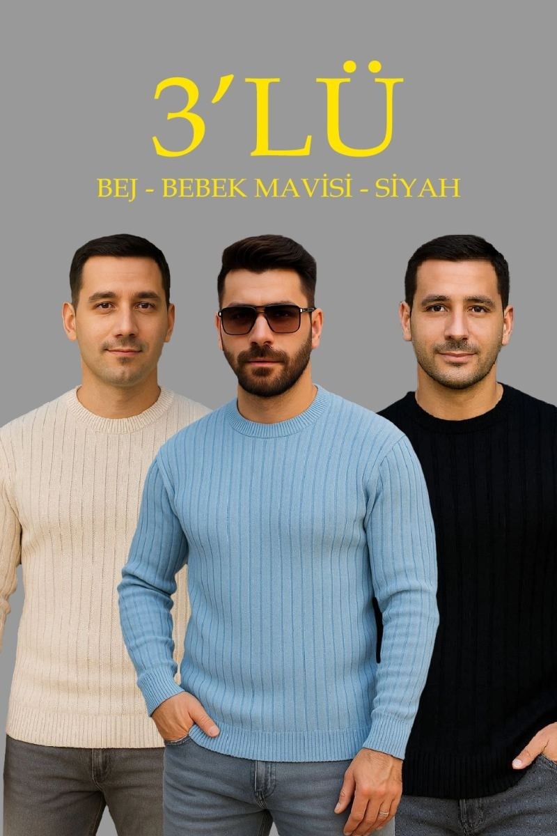 Fantastik Store Erkek Fitilli Triko Bisiklet Yaka Kalın Kazak 3'lü Set Bej-Bebek Mavisi-Siyah