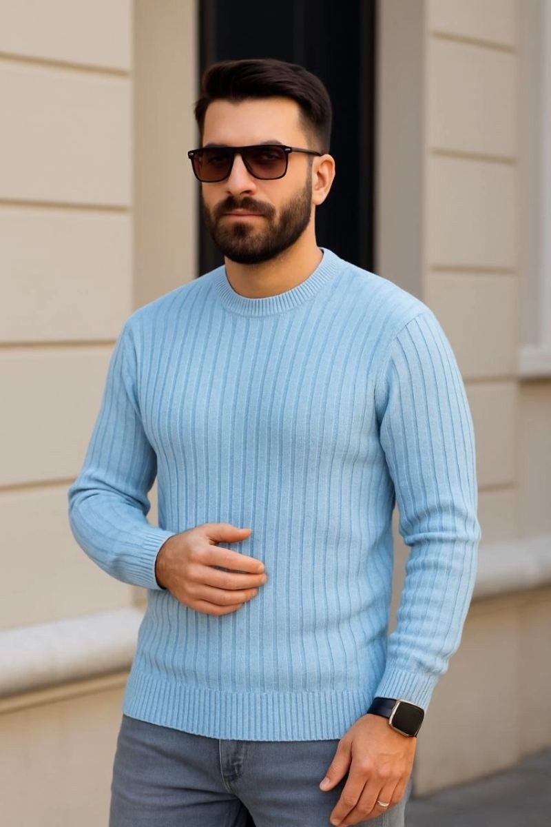 Fantastik Store Erkek Fitilli Triko Bisiklet Yaka Kalın Kazak 3'lü Set Bej-Bebek Mavisi-Siyah görsel 4