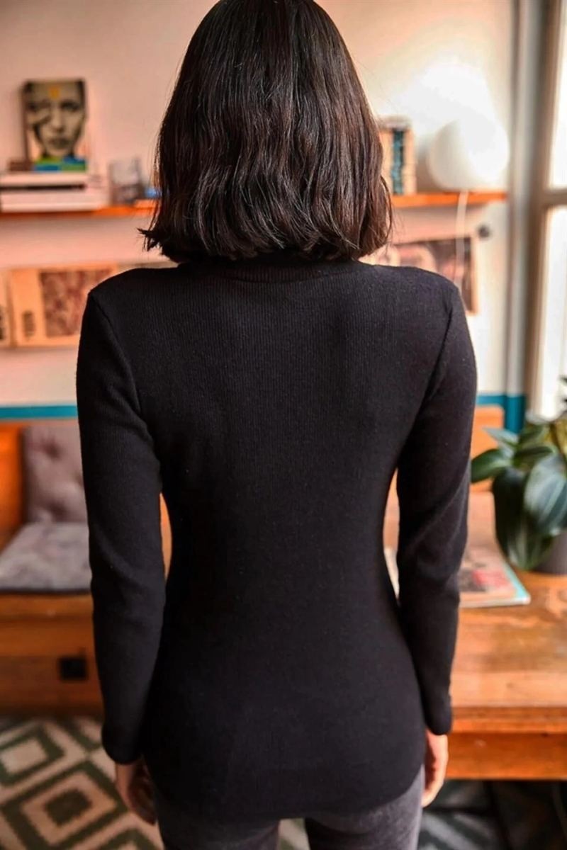Fantastik Store Kadın Kaşkorse Boğazlı Full Likralı Fitilli Body Kazak - Siyah görsel 4
