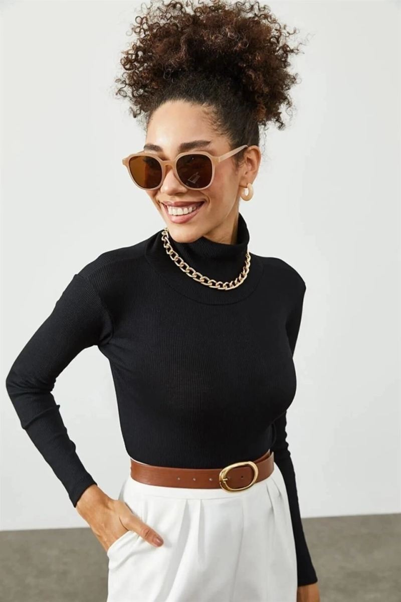 Fantastik Store Kadın Kaşkorse Boğazlı Full Likralı Fitilli Body Kazak - Siyah görsel 6