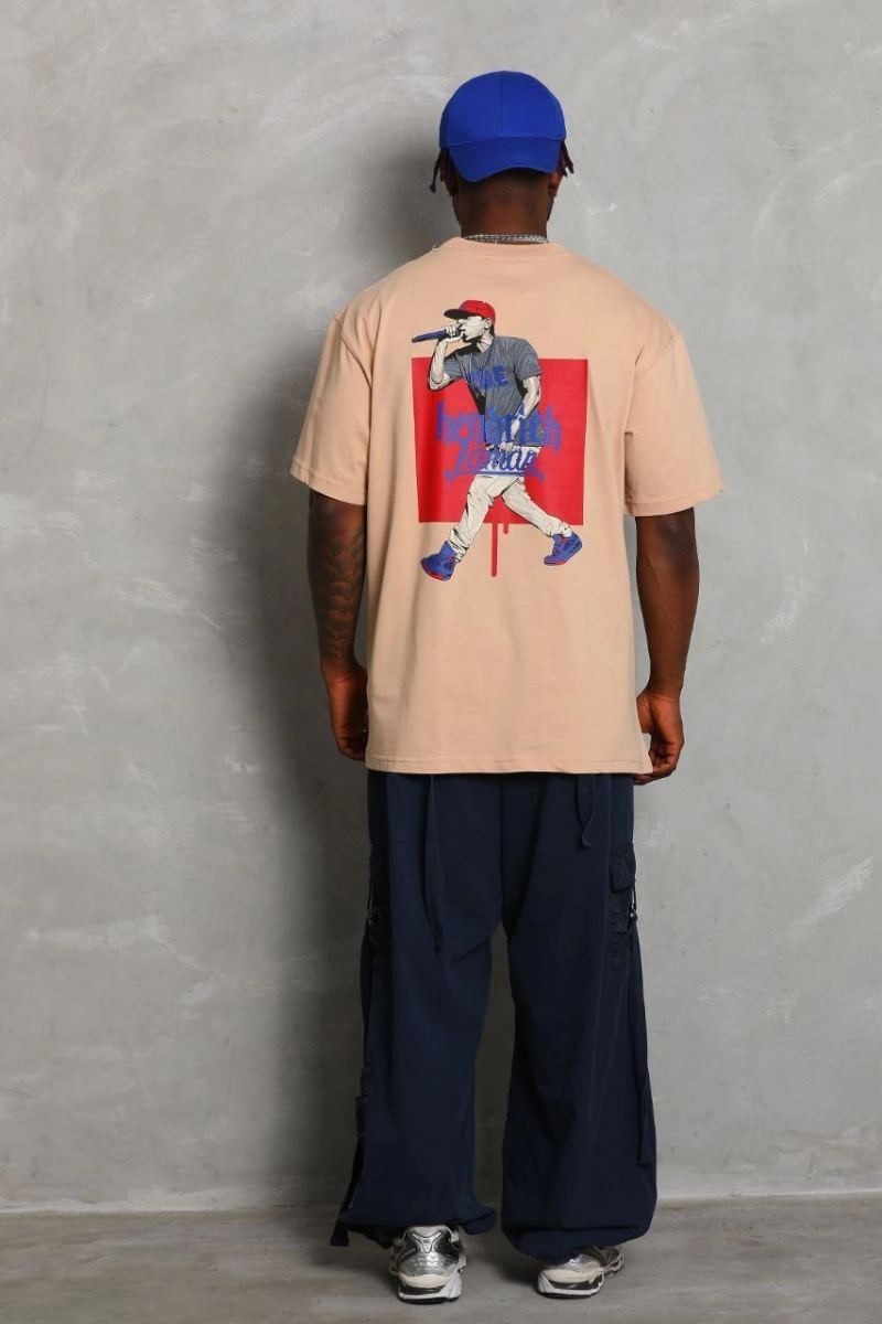 Fantastik Store Erkek Baskılı Tişört Kısa Kol Bisiklet Yaka Oversize T-Shirt - Bej görsel 3