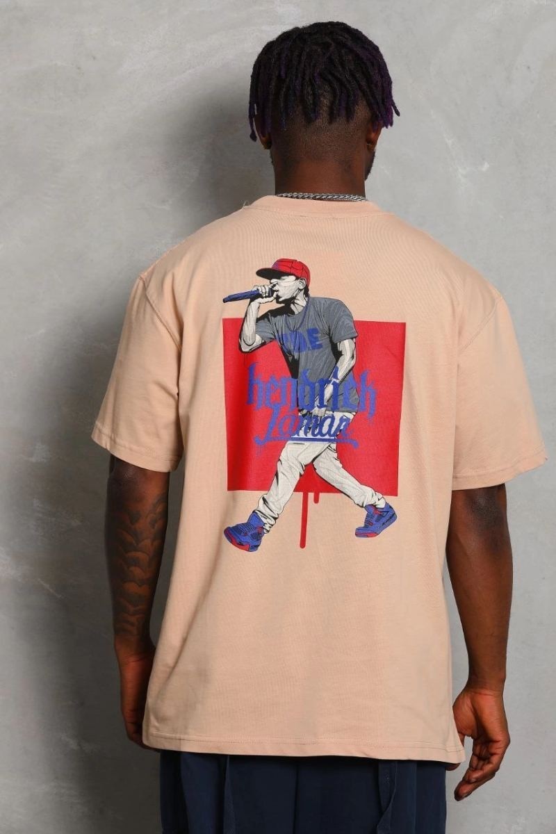 Fantastik Store Erkek Baskılı Tişört Kısa Kol Bisiklet Yaka Oversize T-Shirt - Bej görsel 4