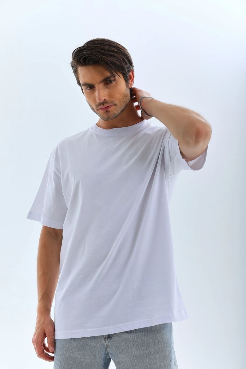 Fantastik Store Erkek Düz Yazlık Kısa Kol Tişört Bisiklet Yaka Oversize T-Shirt - Beyaz görsel 6