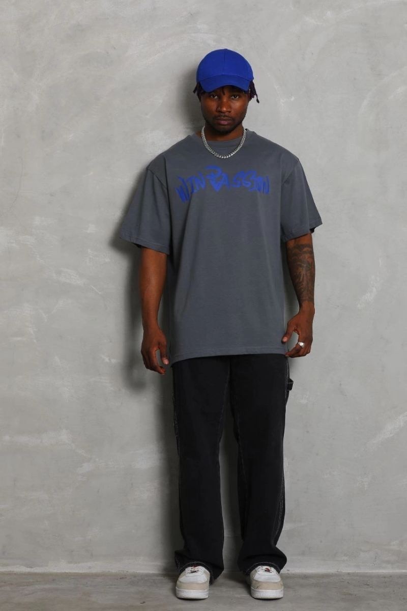Fantastik Store Erkek Baskılı Tişort Kısa Kol Bisiklet Yaka Oversize T-Shirt - Füme