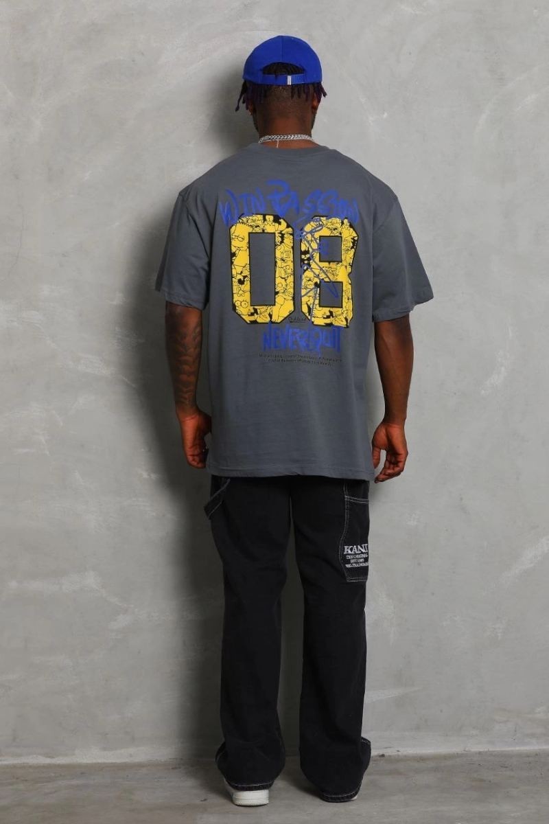 Fantastik Store Erkek Baskılı Tişort Kısa Kol Bisiklet Yaka Oversize T-Shirt - Füme görsel 3