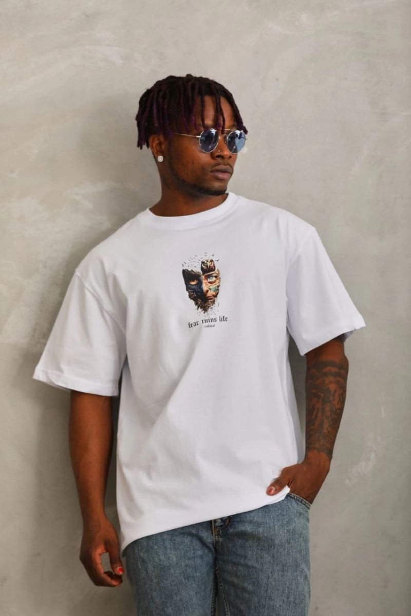 Fantastik Store Erkek Baskılı T-Shirt Kısa Kol Bisiklet Yaka Regular Fit Rahat Kalıp Günlük Tişört - Beyaz