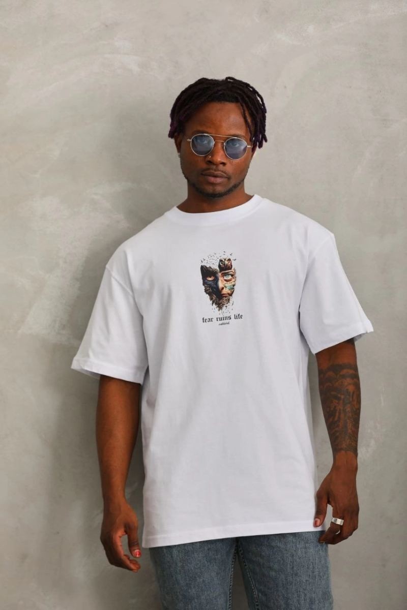 Fantastik Store Erkek Baskılı T-Shirt Kısa Kol Bisiklet Yaka Regular Fit Rahat Kalıp Günlük Tişört - Beyaz görsel 3