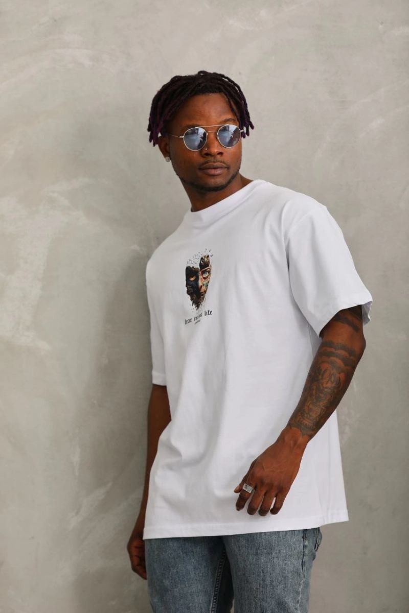 Fantastik Store Erkek Baskılı T-Shirt Kısa Kol Bisiklet Yaka Regular Fit Rahat Kalıp Günlük Tişört - Beyaz görsel 4