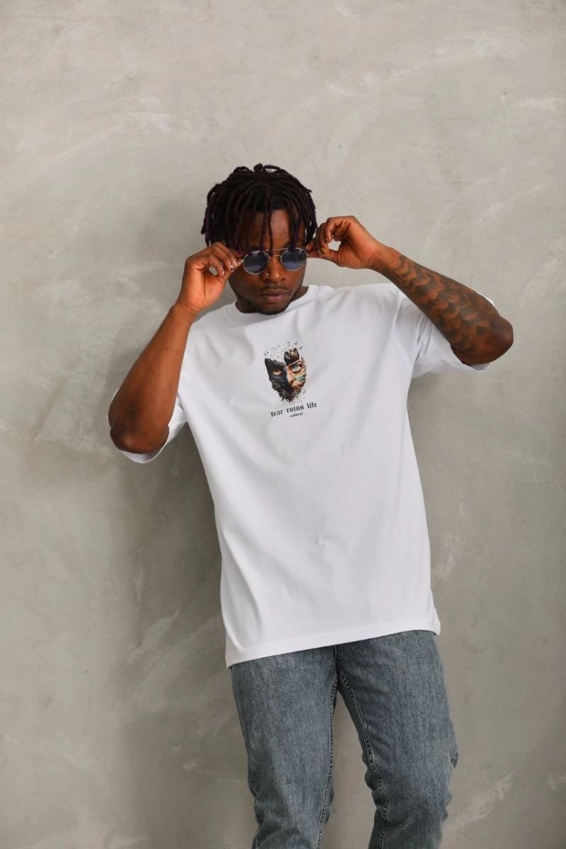 Fantastik Store Erkek Baskılı T-Shirt Kısa Kol Bisiklet Yaka Regular Fit Rahat Kalıp Günlük Tişört - Beyaz görsel 5