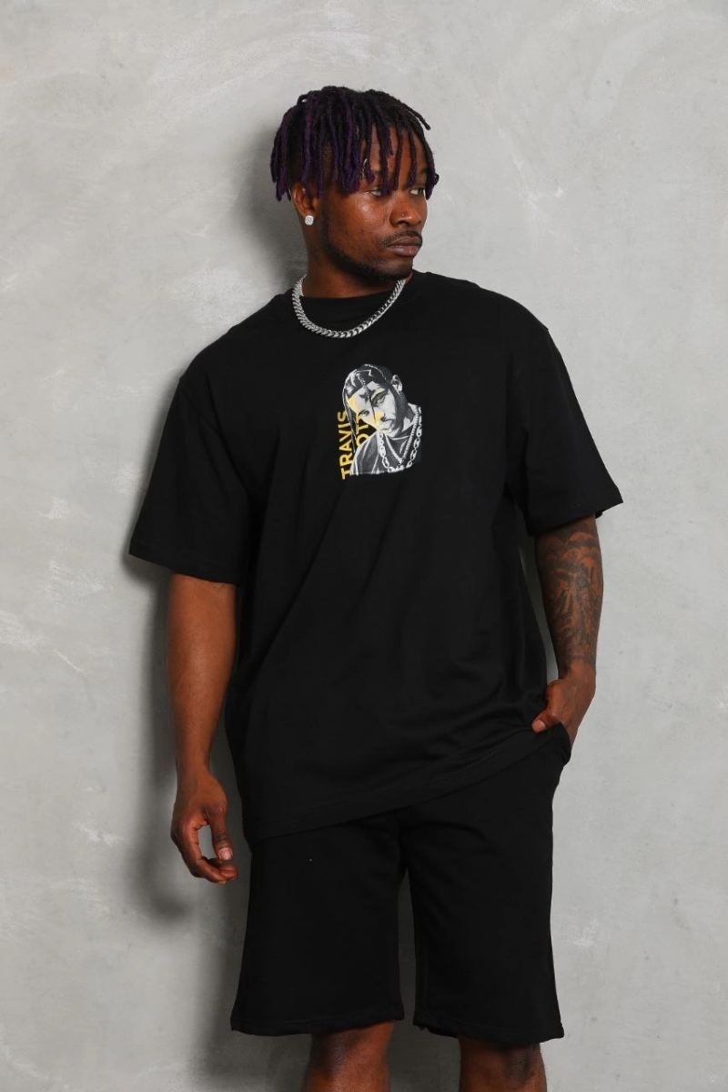 Fantastik Store Erkek Baskılı Tişört Kısa Kol Bisiklet Yaka Oversize T-Shirt - Siyah